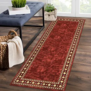 Bordered Red 2x6 Runner Rug Modern Bordered Hallway Runner Rug, Washable Area Rug Stain Resistant Non-Slip Carpet Minimalist Border Floor Cover Entryway Rug for Laundry Kitchen