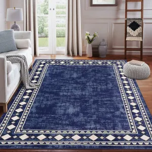 Bordered Dark Blue 9x12 Area Rug Modern Bordered Large Area Rug Machine Washable Rug for Living Room, Stain Resistant Non-Slip Accent Rug Minimalist Border Floor Cover Carpet for Bedroom Decor
