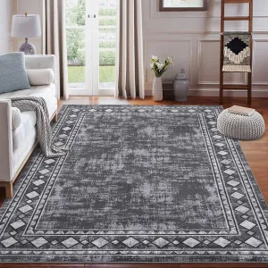 Bordered Grey 9x12 Modern Large Area Rug Machine Washable Rug for Living Room, Stain Resistant Non-Slip Accent Rug Minimalist Border Floor Cover Carpet for Bedroom Decor