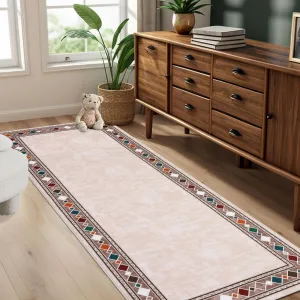Bordered Beige 2x6 Washable Runner Rug - Soft, Non-Slip, Stain Resistant Carpet for Hallways, Entryway, Bedroom
