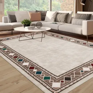 Bordered Beige 8x10 Rug Washable Stainproof Non-Slip Carpet Minimalist Floor Mat for Living Room, Bedroom, Farmhouse