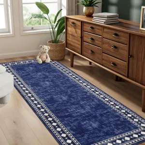 Bordered Dark Blue 2x6 Washable Runner Rug - Soft, Non-Slip, Stain Resistant Carpet for Hallways, Entryway, Bedroom
