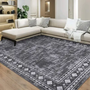 Bordered Grey 8x10 Machine Washable Modern Area Rug, Stain Resistant Non-Slip Accent Rug Minimalist Border Floor Cover Farmhouse Carpet Rug for Living Room Decor
