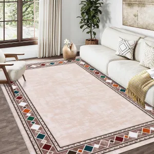 Bordered Beige 4x6 Machine Washable for Living Room Modern Area Rug, Non-Slip Stain Resistant Accent Rug Indoor Minimalist Border Floor Cover Carpet for Bedroom
