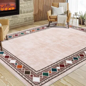 Bordered Beige 5x7 Machine Washable Low-Pile Area Rug with Non-Slip TPR Backing, Non-Shedding Polyester, Vintage Oriental Pattern, Beige, Ideal for Living Room Bedroom