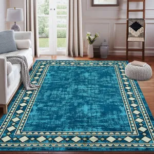 Bordered Blue-Green 9x12 Area Rug Modern Large Area Rug Machine Washable Rug for Living Room, Stain Resistant Non-Slip Accent Rug Minimalist Border Floor Cover Carpet for Bedroom Decor