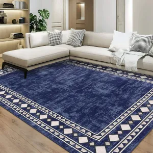 Bordered Dark Blue 8x10 Area Rug Machine Washable Rug Modern Bordered Area Rug, Stain Resistant Non-Slip Accent Rug Minimalist Border Floor Cover Farmhouse Carpet Rug for Living Room Decor