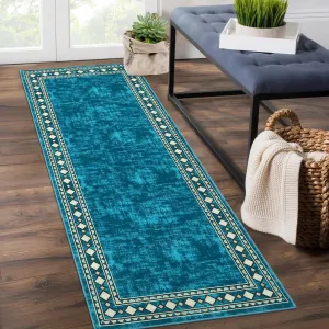 Bordered Blue-Green 2x6 Runner Modern Bordered Hallway Rug, Washable Area Rug Stain Resistant Non-Slip Carpet Minimalist Border Floor Cover Entryway Rug for Laundry Kitchen