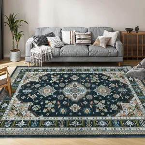 Traditional Medallion Border Area Rug, 8x10 Washable Vintage Indoor Rug, Ultra-Thin Non-Slip Print Floor Carpet for Living Room Bedroom Kitchen Dining Room, Black