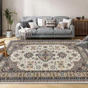 Traditional Medallion Border Area Rug, 9x12 Washable Vintage Indoor Rug, Ultra-Thin Non-Slip Print Floor Carpet for Living Room Bedroom Kitchen Dining Room, Beige