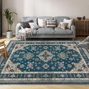 Traditional Medallion Border Area Rug, 9x12 Washable Vintage Indoor Rug, Ultra-Thin Non-Slip Print Floor Carpet for Living Room Bedroom Kitchen Dining Room, Blue-Green