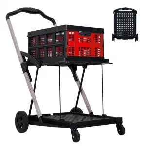 2-Tier Portable Utility Shopping Cart Waterproof Basket Liner Foldable Lightweight Aluminum Frame 360° Wheels Locks for Groceries Laundry