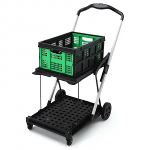 Foldable 2-Tier Shopping Cart with Wheels - Aluminum Frame Utility Cart w/Removable Crate for Groceries and Outdoor Activities