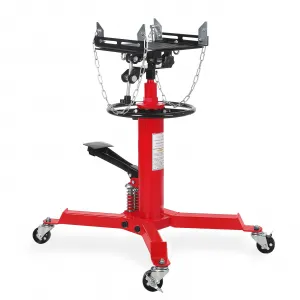 Dual Plunger Hydraulic Transmission Jack 1322lbs Capacity Red, 33.5"-69" Adjustable Lift, 2-Stage Telescoping, Non-Slip Pad, Foot Pedal & Swivel Wheel