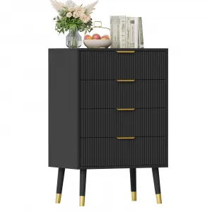Fluted 4 Drawer Dresser Tall Black Dresser with Gold Metal Handles Small Dresser Storage Chest Cabinet Organizer Wood Chest of Drawers for Bedroom,Living Room,Hallway,Entryway - Black