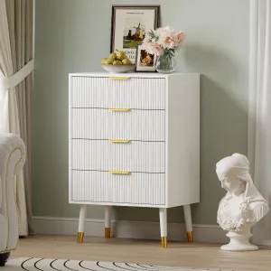 Fluted 4 Drawer Dresser Tall White Dresser with Gold Metal Handles Small Dresser Storage Chest Cabinet Organizer Wood Chest of Drawers for Bedroom,Living Room,Hallway,Entryway - White