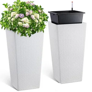 30 Inch Tall Planter Set of 2 Large Rattan Flower Pot with 2 Trays & a Water Level Monitor & Wheels Outdoor and Indoor for Patio, Porch, Living Room, or Home Office, White