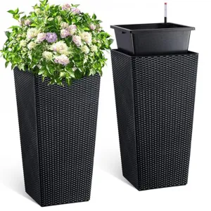 30" Tall Set of 2 Rattan Planters - Indoor & Outdoor Porch Pots with Drainage Holes, Water Level Monitor, Inner Bucket & Automatic Watering, Black