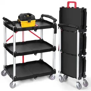 Foldable Utility Cart Heavy Duty 176 LBS with 360° Swivel Wheels and Ergonomic Red Handle, PP Trays & Aluminum Frame, Locking Wheels, for Office Garage Kitchen