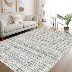 Grey & Blue 9x12 Area Rugs for Living Room Washable Rug Neutral Abstract Rug for Bedroom Large Soft Modern Dining Room Rugs Indoor Floor Low Pile Carpet for Home Office Nursery