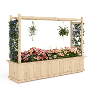 Raised Garden Bed With Trellis, Freestanding Wood Planter Box w/Hanging Roof & 8 Drainage Holes for Vine, Climbing Plants, Flowers, Outdoor Planter With Trellis for Garden, Patio, Yard