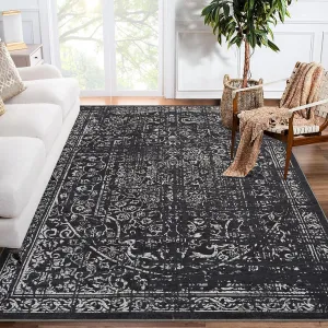 Area Rug 8x10 Washable Black Vintage Traditional Floor Cover Thin Non Slip Floral Print Mat for Living Room Bedroom Dining Room