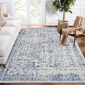 5x7 Washable Area Rug Vintage Rug Traditional Floor Cover Foldable Thin Rug Kitchen Accent Rug Indoor Distressed Non Slip Carpet Floral Print Mat Bedroom Living Room Bathroom Blue