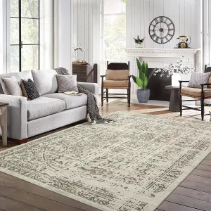 Machine Washable 9x12 Area Rugs for Living Room Vintage Rugs Non Slip Low Pile Water Resistant Soft Print Pattern Carpet for Bedroom Indoor Decor Polyester Rug Brown