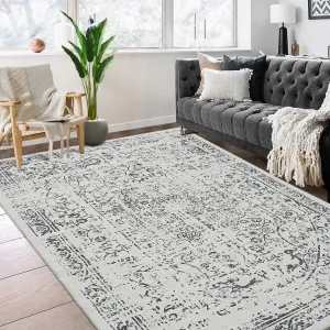 Area Rug 8x10 Washable Rug Grey Vintage Rug Traditional Floor Cover Thin Rug Retro Kitchen Indoor Distressed Non Slip Carpet Floral Print Mat Living Room Bedroom Dining Room
