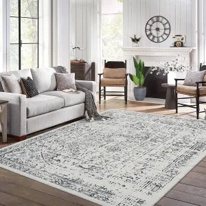 Machine Washable 9x12 Area Rugs for Living Room Vintage Rugs Non Slip Low Pile Water Resistant Soft Print Pattern Carpet for Bedroom Indoor Decor Polyester Rug Grey