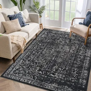 Vintage Area Rug, 4x6 Stain Resistant Carpet Non Shedding Non-Slip Soft Rug Bedroom Dining Room or Home Office, Low Pile Farmhouse Oriental Indoor Floor Carpet Black