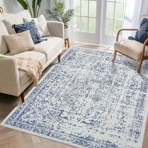 Area Rug 8x10 Washable Rug Blue Vintage Rug Traditional Floor Cover Thin Rug Retro Kitchen Indoor Distressed Non Slip Carpet Floral Print Mat Living Room Bedroom Dining Room