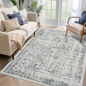 5x7 Washable Area Rug Vintage Rug Traditional Floor Cover Foldable Thin Rug Kitchen Accent Rug Indoor Distressed Non Slip Carpet Floral Print Mat Bedroom Living Room Bathroom Grey