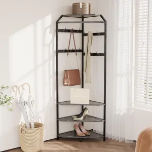 Corner Hall Tree with Hanging Clothes Rod, Corner Coat Rack - 12 Hooks Corner Clothes Rack with Storage Rack