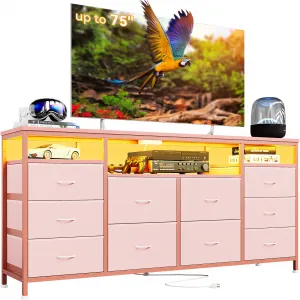 63.3" Wide Dresser for 65-75" TV, 10 Drawer Dresser TV Stand  Fabric Chest of Drawers with Led Lights & Power Outlets, Long Entertainment Center for Bedroom, Living Room, Pink