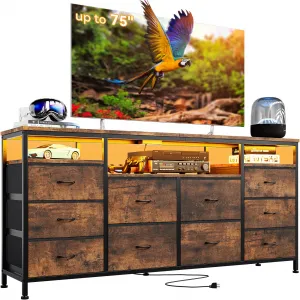 63.3" Wide Dresser TV Stand with 10 Fabric Drawers, USB Charging, LED Lighting, Solid Wood & Metal Frame, Fits 75" TVs, Living Room Storage, Brown