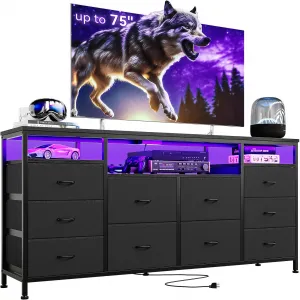 10 Drawer Dresser TV Stand for 65-75" TVs, Dresser for Bedroom with LED Lights & Power Outlets, Chest of Drawers Long Entertainment Center for Living Room Storage, Black