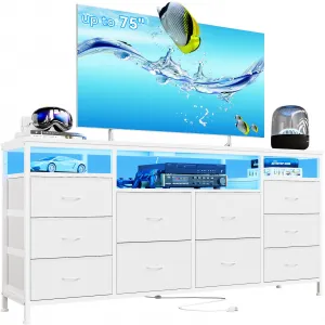 63.3 Inch Dresser for Bedroom, 10 Drawer Dresser TV Stand for 65-75" TV, Fabric Chest of Drawers with Led Lights & Power Outlets, Long Entertainment Center for Closet, Living Room, White