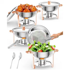 5QT Round Chafing Dish Buffet Set (4 Pack) - Stainless Steel Food Warmers with Lid Holder, Spoon, and Tweezers, Rose Gold Finish, Ideal for Parties, Weddings, Events, and Banquets