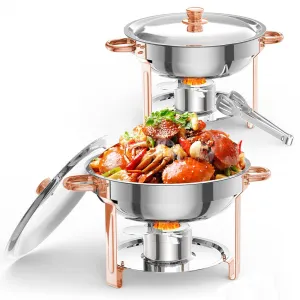 5QT Round Chafing Dish Buffet Set (2 Pack) - Stainless Steel Food Warmers with Lid Holder, Spoon, and Tweezers, Rose Gold Finish, Perfect for Parties, Weddings, Events, and Banquets