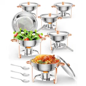 5QT Round Chafing Dish Buffet Set (6 Pack) - Rose Gold Stainless Steel Food Warmers with Lid Holder, Spoon, and Tweezers, Perfect for Parties, Weddings, Events, and Banquets