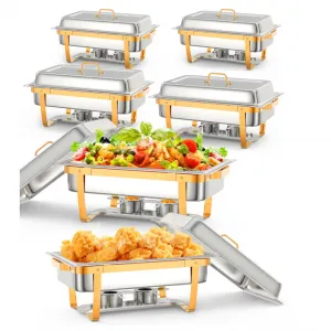 8QT Chafing Dish Buffet Set (6-Pack) - Foldable Food Warmers with Spoons & Tweezers for Weddings, Parties, Banquets, and Catering Events (Gold)