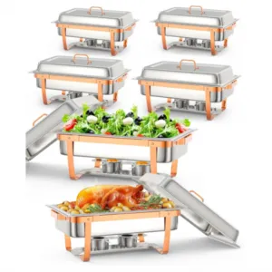 Chafing Dish for Buffet Set, 6 Packs 8 Qt Chafers and Buffet Warmers Sets with Folding Frame, Spoon & Tweezer for Weddings Parties Banquets Catering Events, Rose Gold