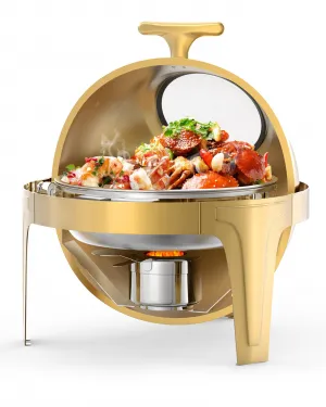 Roll Top Chafing Dish Buffet Set 6.3 Qt Round Stainless Steel Food Warmer Chafer with Glass Window Gold for Catering Parties Banquets