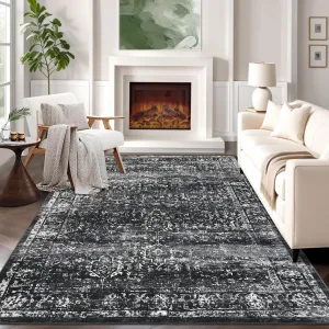 Area Rug 5x7 Non-Slip Faux Wool Vintage Distressed Rug for Living Room Bedroom Dining Room Black