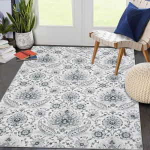 Vintage 6x9 Area Rug Washable Rug Living Room Rug Retro Paisley Distressed Carpet Soft Low Pile Bedroom Rug Retro Paisley Print Accent Carpet for Dining Room Nursery Home Office Grey