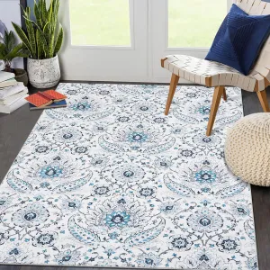 Vintage 6x9 Area Rug Washable Rug Living Room Rug Retro Paisley Distressed Carpet Soft Low Pile Bedroom Rug Retro Paisley Print Accent Carpet for Dining Room Nursery Home Office Blue