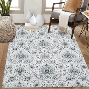 Living Room Rug 10x13 Large Washable Non Slip Vintage Paisley Floral Grey Low Pile Carpet