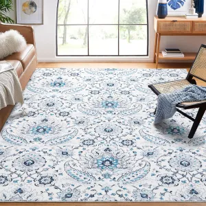 8x10 Area Rug Vintage Washable Paisley Print Low Pile Soft Blue for Living Room Bedroom Dining Room Nursery Home Office Playroom