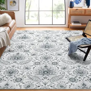 8x10 Area Rug for Living Room Vintage Washable Rugs for Bedroom Retro Distressed Floor Carpet Soft Low Pile Paisley Print Accent Rug for Dining Room Nursery Home Office Playroom Grey